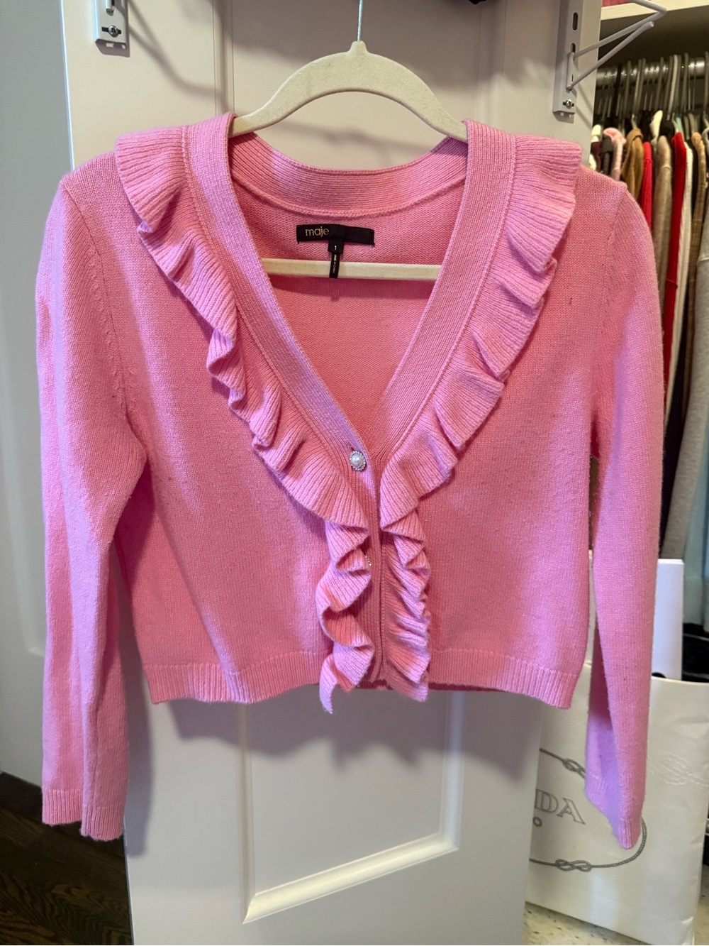 Maje Pink Ruffle-Trim V-Neck Cardigan